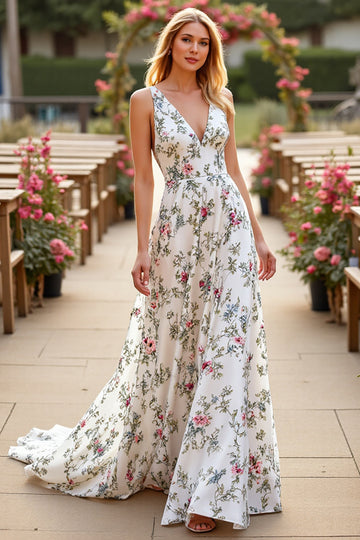White V Neck A Line Sweep Train Floral Wedding Dress